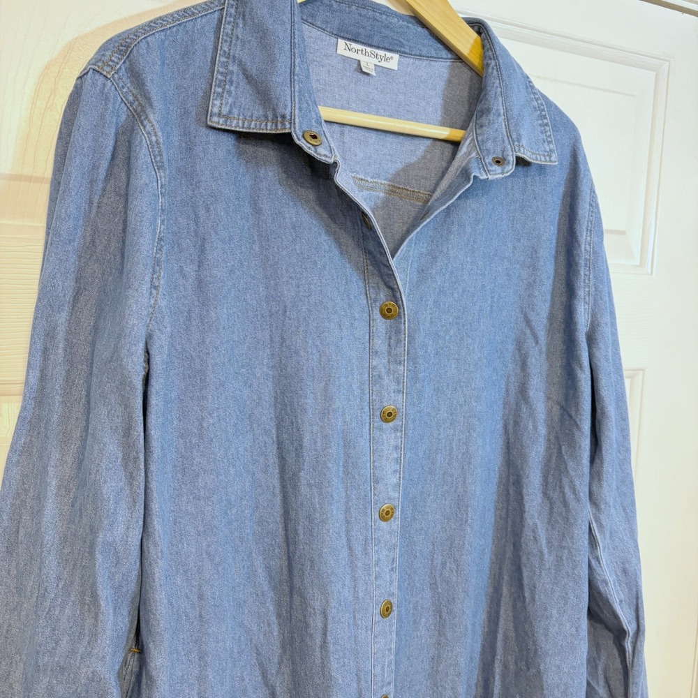 NorthStyle Womens L Blue Cotton Denim Midi Shirt Dress Cottage Coastal Grandma